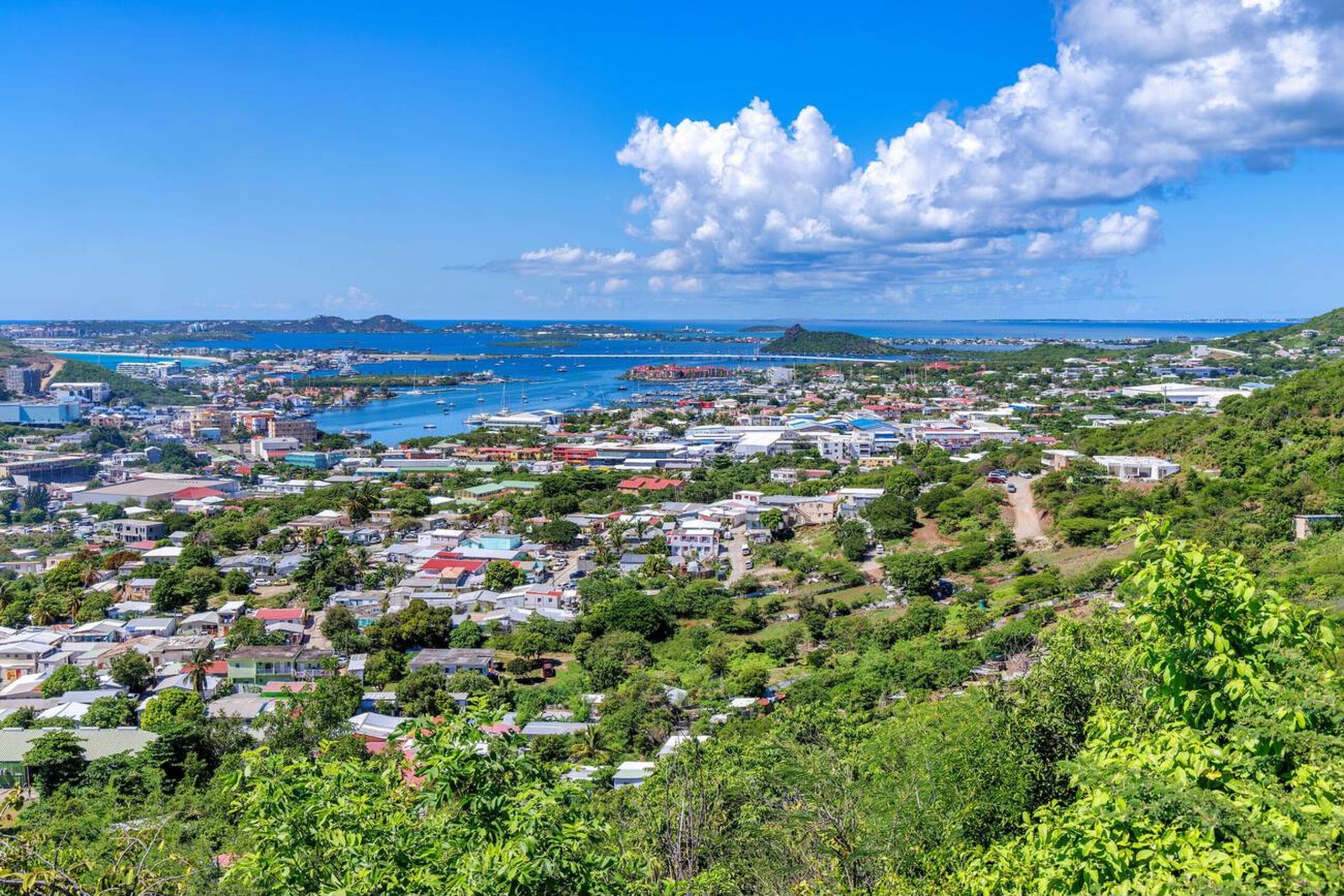 Panoramic view of Philipsburg and Great Bay in St. Maarten